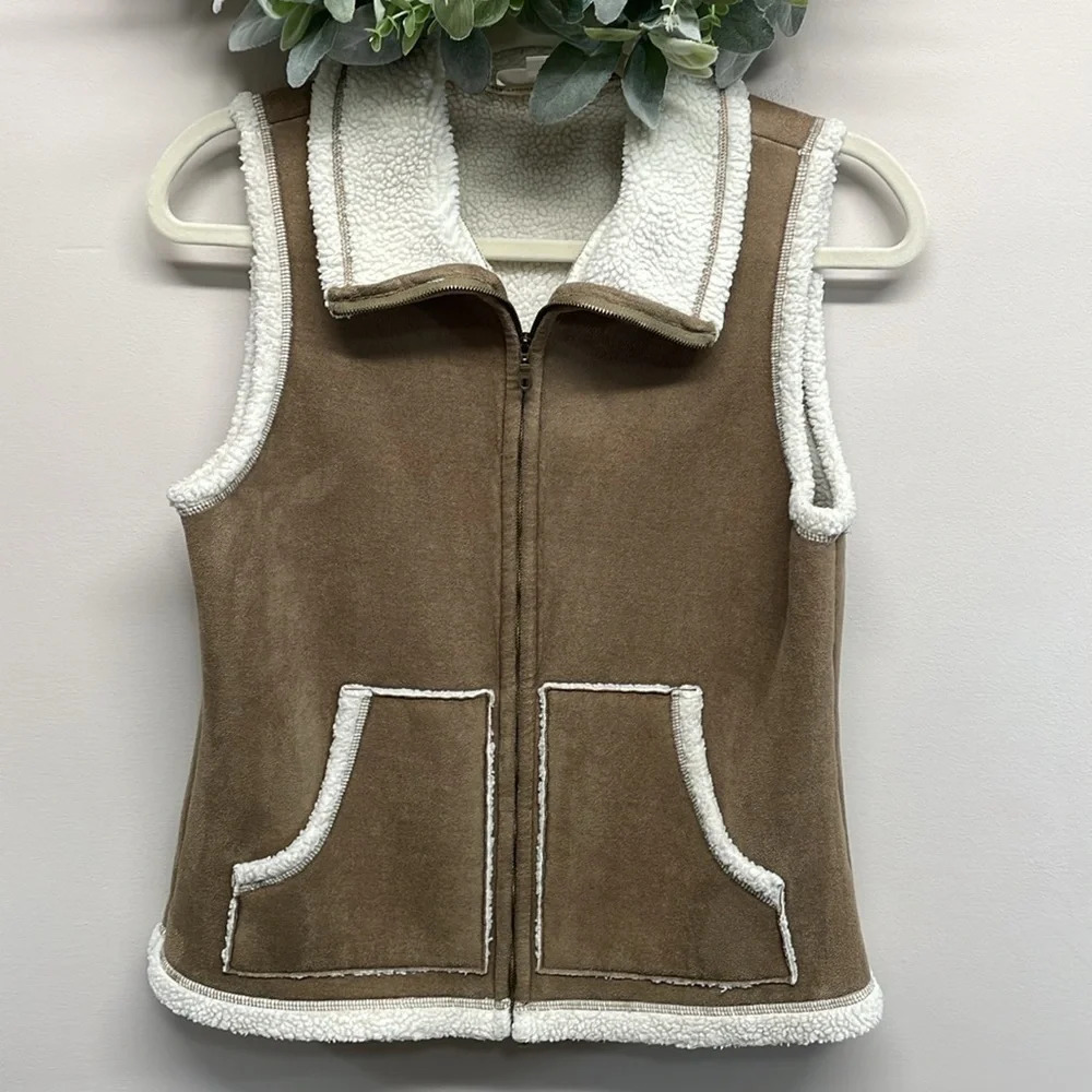 Ann Taylor Loft Faux Suede Sherpa Collared Vest M
